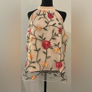 Floral Embroidered Halter Top with Sheer Overlay and Liner, Size 1XL NWOT